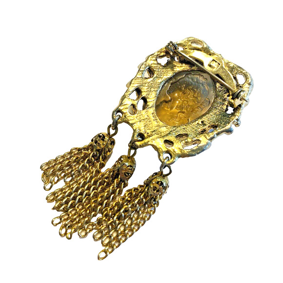 Vintage Etched Reverse Carved Glass Cameo Brooch Pin Gold Tone Chain Tassels - Picture 3 of 7